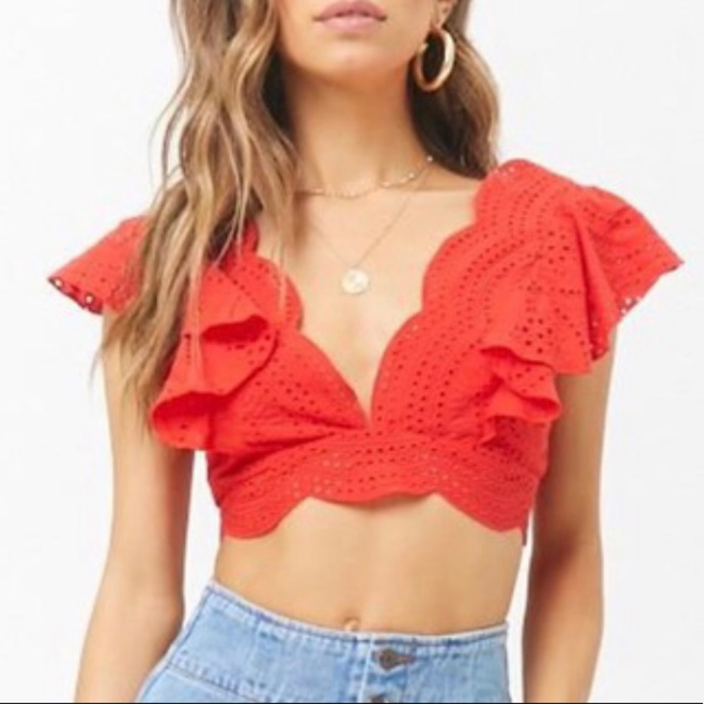 Forever 21 Red Eyelet Ruffle Crop Top